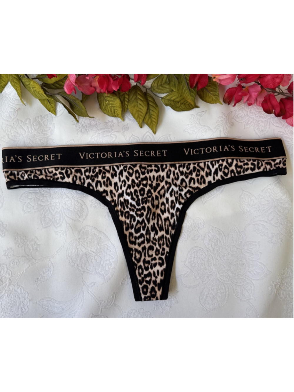 VICTORIA'S SECRET M BLACK BROWN ANIMAL PRINT LOGO WAIST STRING THONG PANTIES NWT